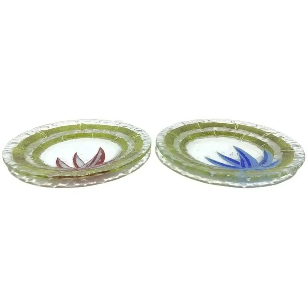 Sydenstricker Fused Art Glass Plates Blue Red Flowers 8.5